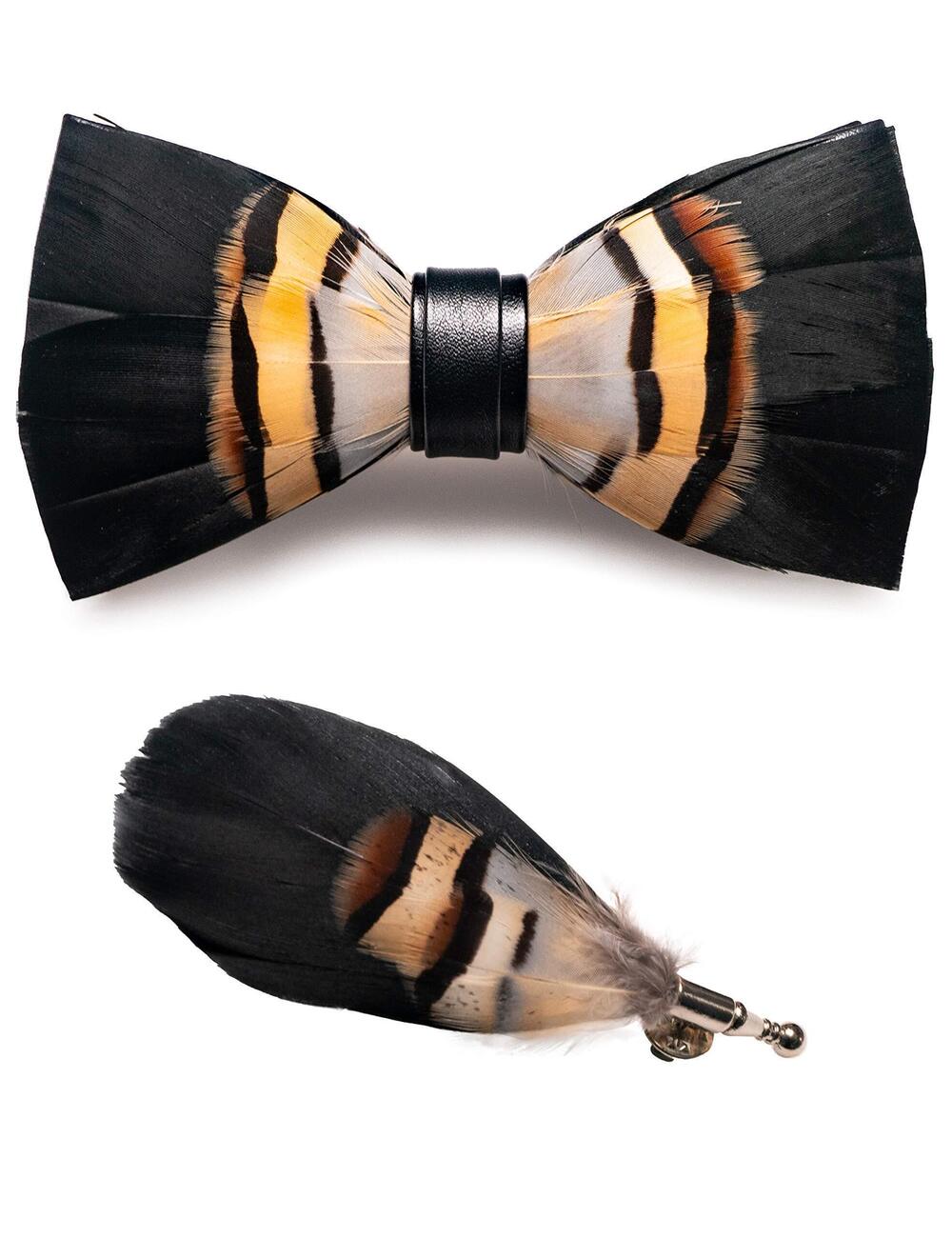 3370 Leather Feather Handmade Pre-tied Bow tie and Brooch Sets 6